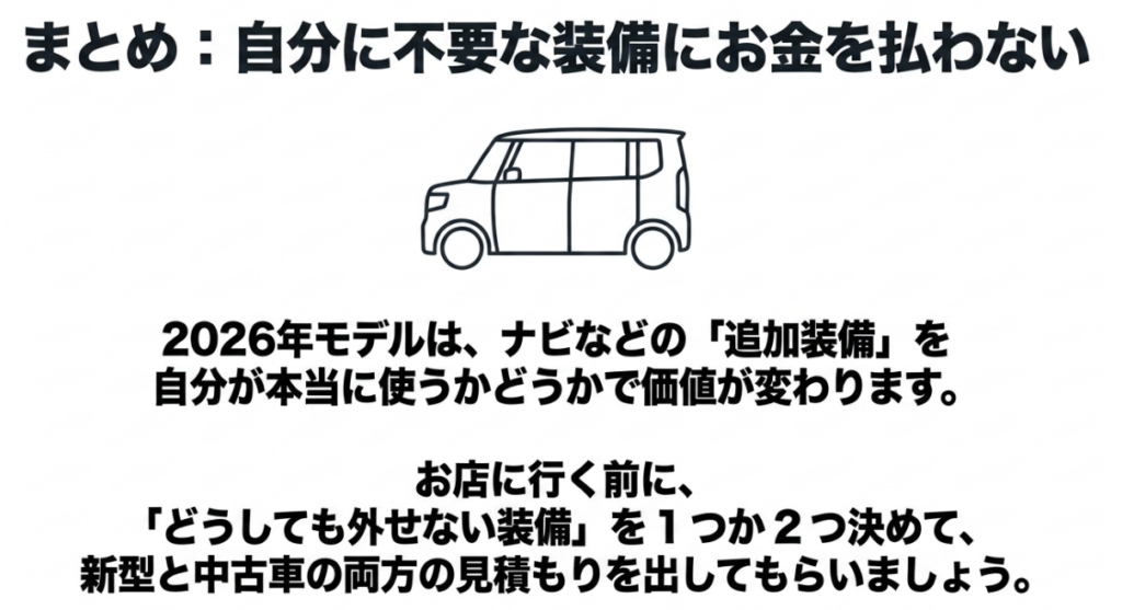 2026年N-BOXは追加装備を実際に使うかで価値が変わり、新型と中古車の見積もり比較が重要とまとめた図
