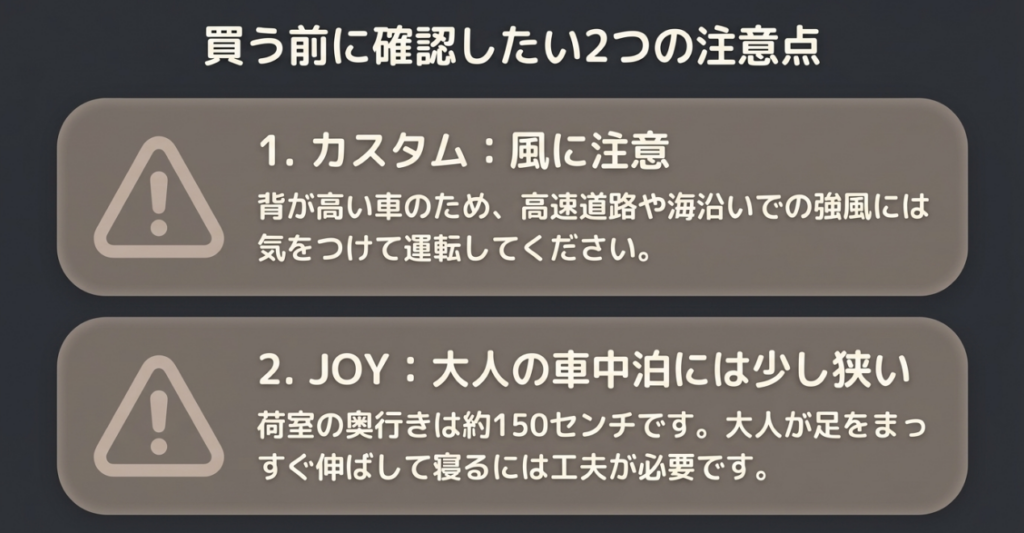 N-BOXカスタムは強い横風に注意し、JOYは荷室奥行き約150センチで大人の車中泊に工夫が必要と示す図