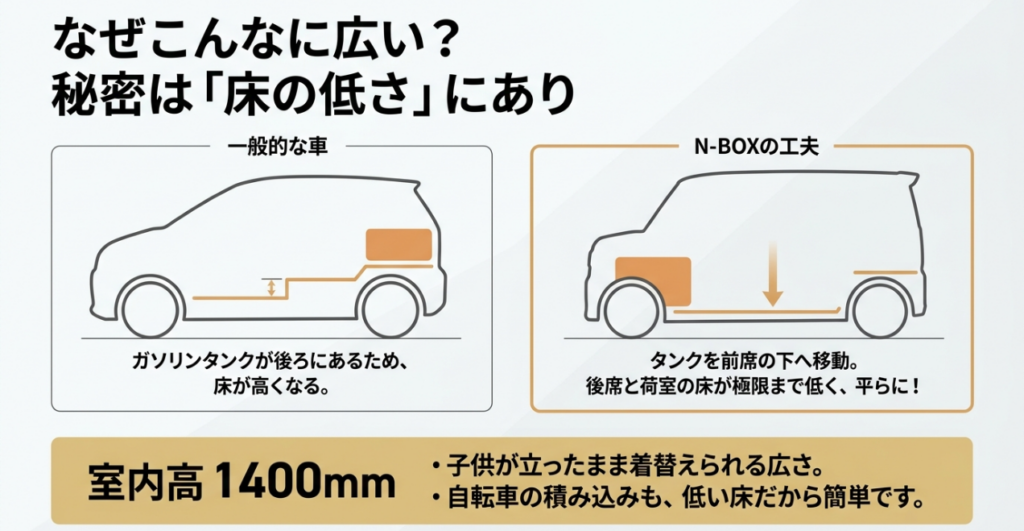 一般的な車とN-BOXの燃料タンク位置を比較し、前席下への配置によって後席と荷室の床を低くした構造を示す図