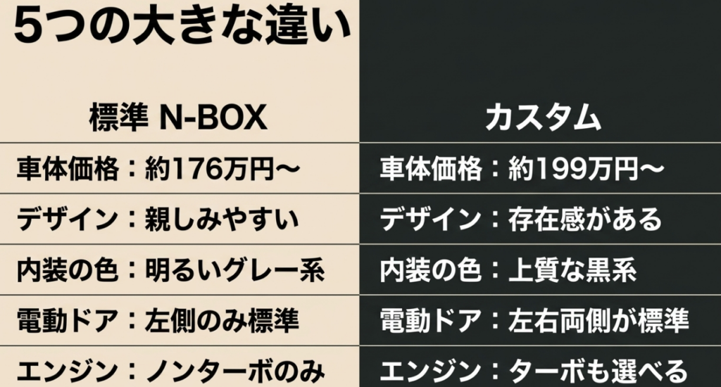 標準N-BOXとN-BOXカスタムを車体価格、デザイン、内装色、電動ドア、エンジンの5項目で比較した表