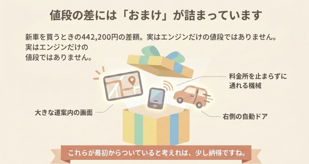 N-BOXカスタムターボの価格差には9インチナビやETC2.0、右側パワースライドドアなどの標準装備が含まれることを示す図