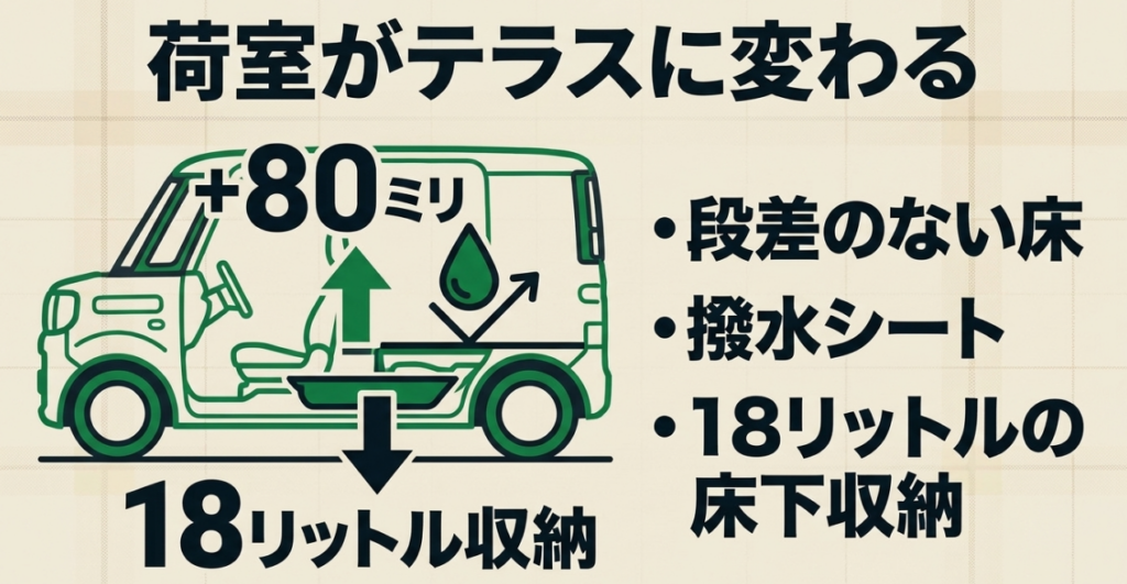 N-BOX JOYの荷室に段差の少ない床、撥水シート、約18リットルの床下収納があることを示す図