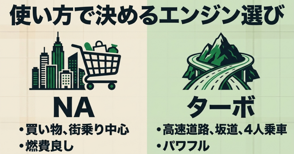 N-BOX JOYのNAは買い物や街乗り、ターボは高速道路や坂道、多人数乗車に向くと示す比較