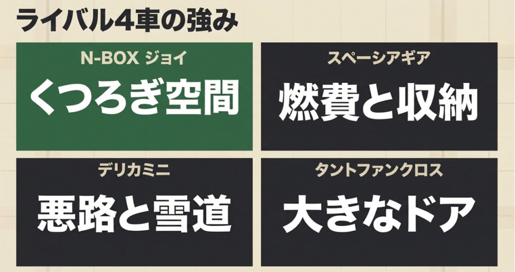 N-BOX JOYはくつろぎ空間、スペーシアギアは燃費と収納、デリカミニは悪路と雪道、タントファンクロスは大開口ドアが強みと示す図
