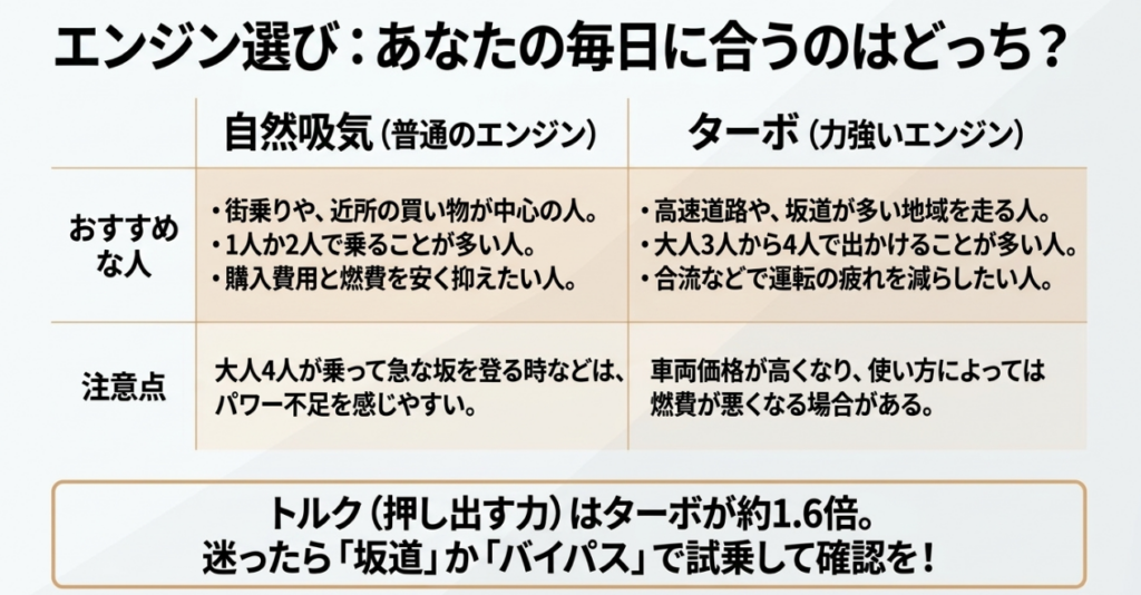 N-BOXのNAとターボについて、街乗りや高速道路、坂道、乗車人数、購入価格、燃費の違いを比較した表