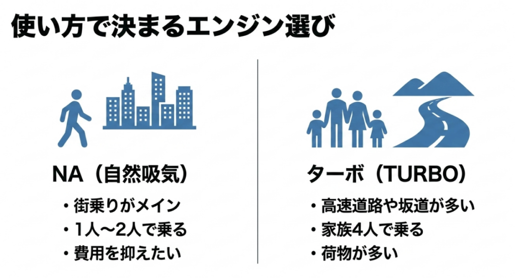 街乗り中心で1人から2人ならNA、高速道路や坂道、家族4人や荷物が多い使い方ならターボが向くことを示した比較