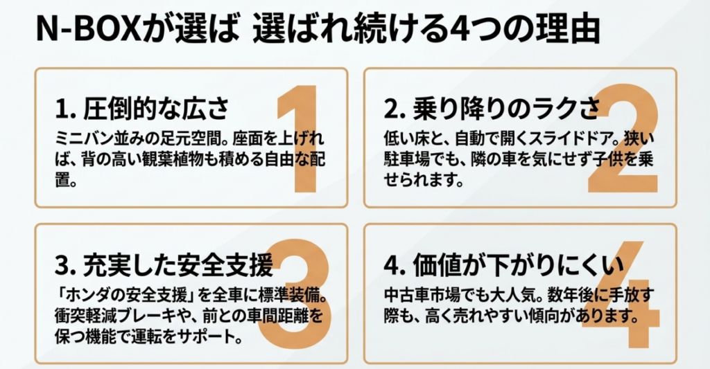 N-BOXが人気の理由として広い室内、乗り降りのしやすさ、安全運転支援、リセールバリューの高さをまとめたスライド