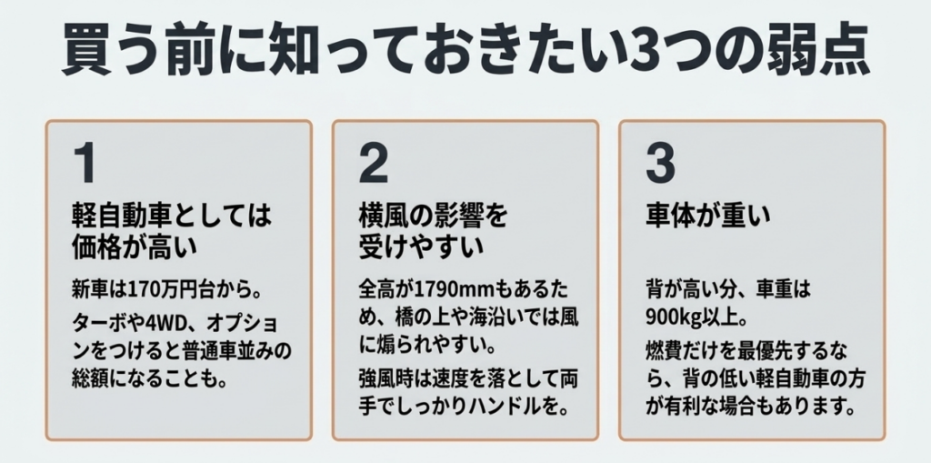 N-BOXの弱点として軽自動車では価格が高いこと、横風を受けやすいこと、車重が900kg以上あることをまとめたスライド
