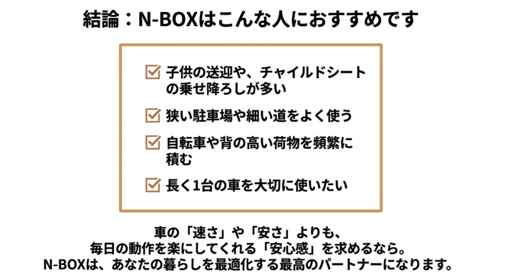 N-BOXが向く人として子どもの送迎、狭い道や駐車場の利用、自転車や背の高い荷物の積載、長期利用を挙げたチェックリスト