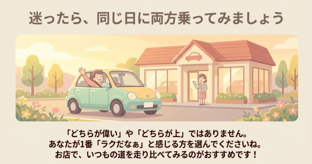 N-BOXのターボとノンターボで迷ったら、同じ日に普段使う道を試乗し、自分が楽に感じる方を選ぶことを勧めるスライド