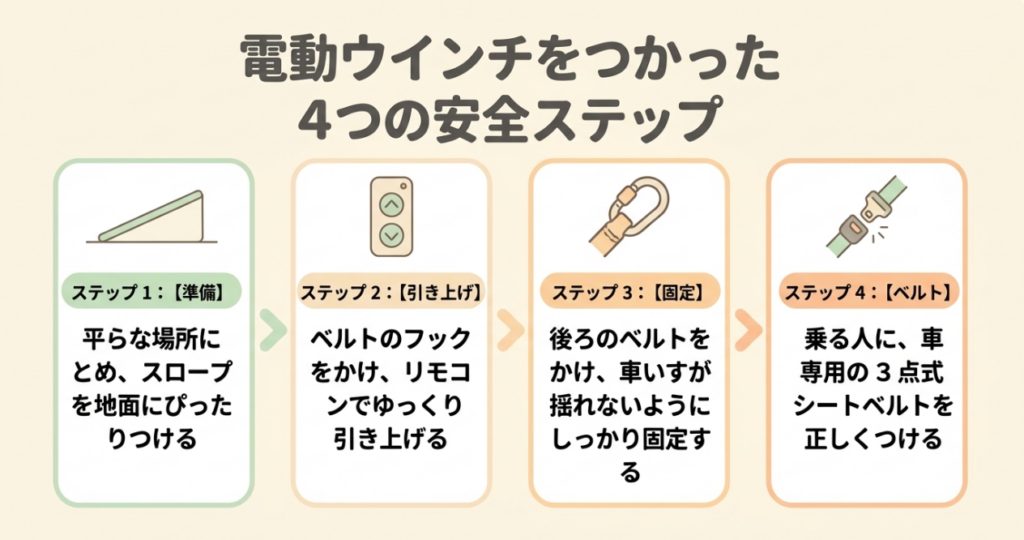 平坦な場所での準備、電動ウインチによる引き上げ、後方ベルトでの固定、3点式シートベルト着用の4手順
