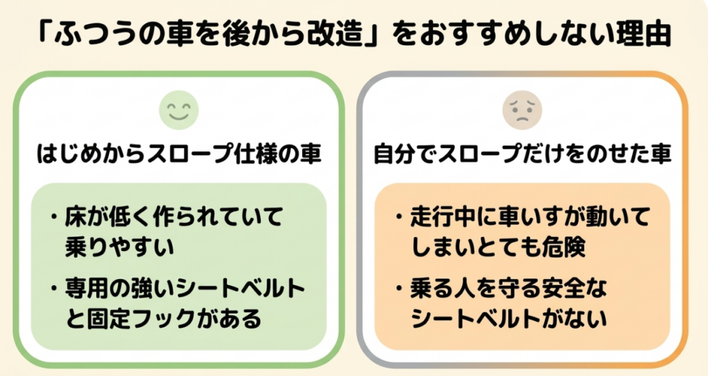 低い床と専用の固定装置やシートベルトを備えた純正スロープ仕様と、自分でスロープだけを載せた車の違い