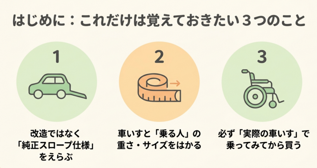 純正スロープ仕様を選び、車いすと利用者の重量・寸法を測り、実際の車いすで試乗する3つの確認ポイント