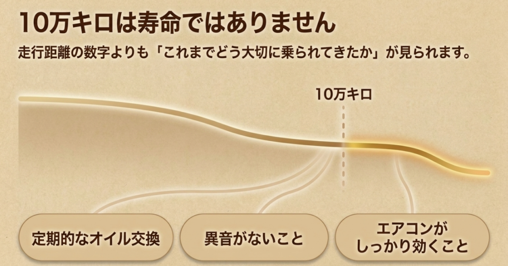 10万kmはN-BOXの寿命を示す数字ではなく、オイル交換歴や異音の有無、エアコンの状態が査定で重視されることを示した図
