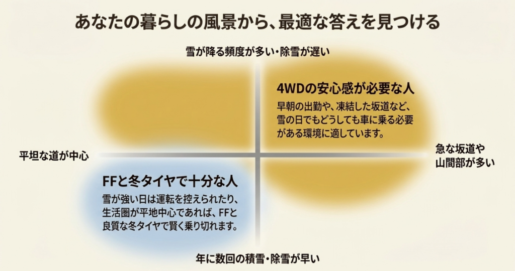積雪や凍結が多く急な坂道を走る人には4WD、積雪が少なく平坦な道が中心の人にはFFと冬タイヤを選択肢として示す図