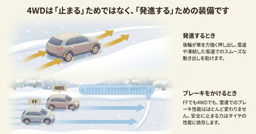 N-BOXの4WDは雪道での発進を助ける一方、ブレーキ性能はFFとほとんど変わらず、止まる力はタイヤの性能に左右されることを示す図