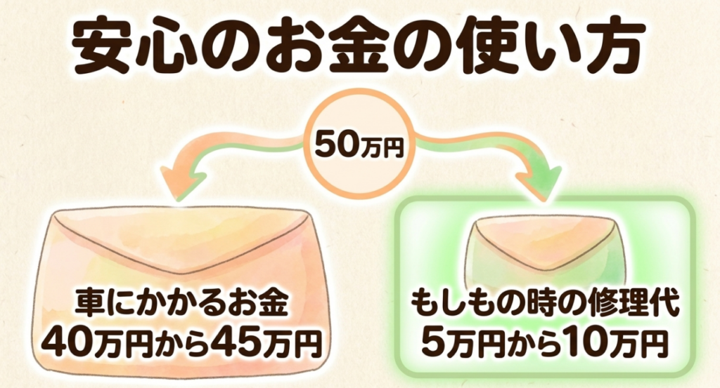 総予算50万円をN-BOXの購入費40万から45万円と、もしもの修理費5万から10万円に分ける目安
