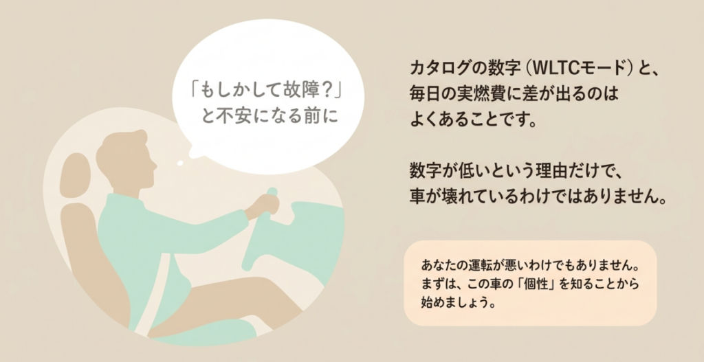 N-BOXのカタログ燃費と毎日の実燃費には差があり、数値が低いだけでは故障と判断できないことを示すスライド