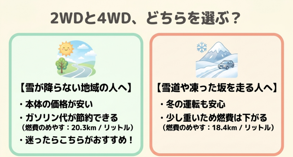 雪の少ない地域に向く2WDと、雪道や凍結した坂を走る人に向く4WDについて、価格や燃費の違いを比較した図