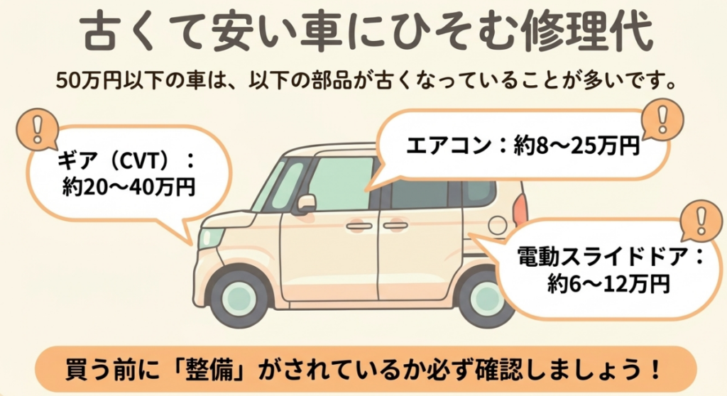 古くて安いN-BOXカスタムターボで想定されるCVT約20万~40万円、エアコン約8万~25万円、電動スライドドア約6万~12万円の修理費を示した図