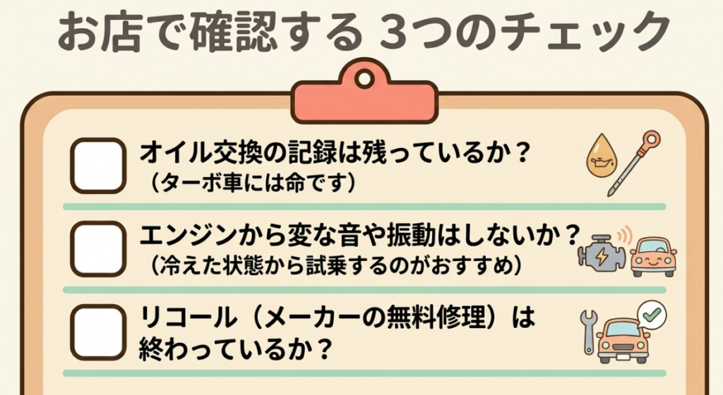 オイル交換記録、冷間始動時の異音や振動、リコール作業の完了状況を店頭で確認するチェックリスト