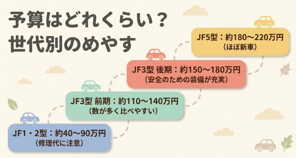 JF1・JF2型は約40万~90万円、JF3型前期は約110万~140万円、後期は約150万~180万円、JF5型は約180万~220万円と示した図
