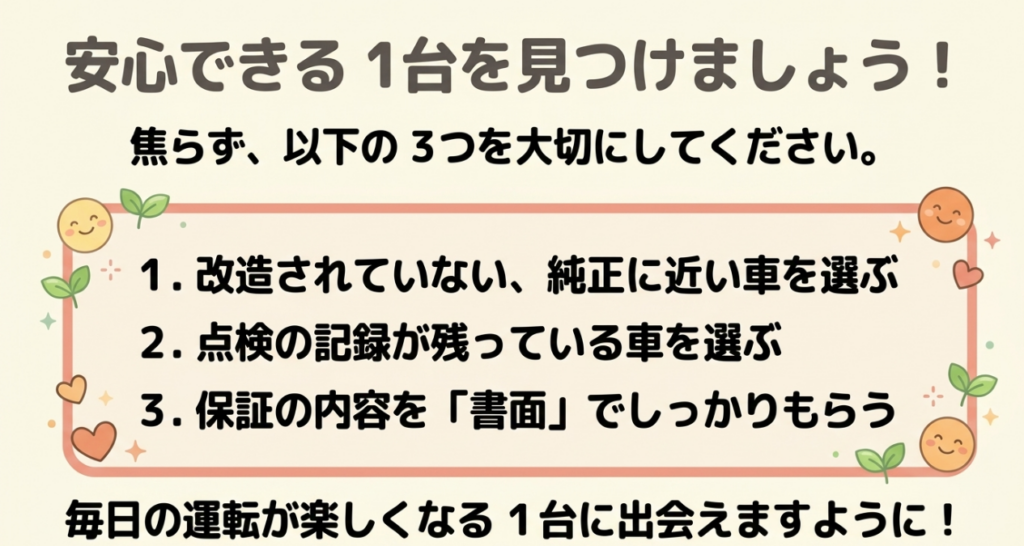 純正状態に近い車、点検記録簿が残る車、保証内容を書面でもらえる車を選ぶ3つのポイント