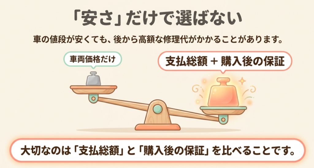 N-BOXカスタムターボ中古車は車両価格だけでなく、支払総額と購入後の保証を比較することが大切だと示した図