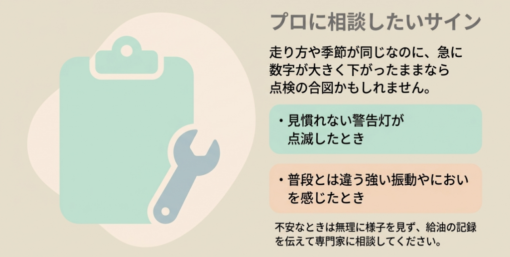 N-BOXの急な燃費低下に加えて警告灯の点滅や強い振動、異臭がある場合は専門家への点検相談が必要と示す図
