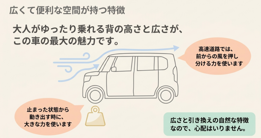 背の高いN-BOXは発進時に車重、高速道路では空気抵抗の影響を受けやすいことを示す図