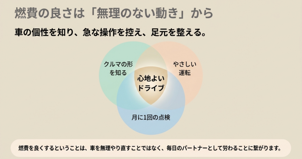 N-BOXの特徴を知ること、やさしい運転、月1回の点検という3つの基本が心地よいドライブにつながることを示す図
