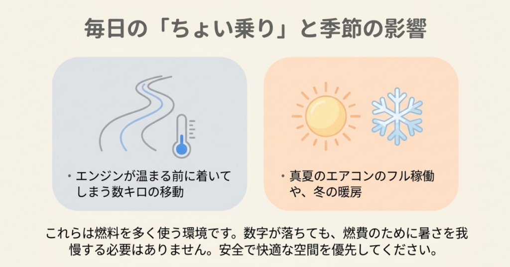 エンジンが温まる前の短距離走行と夏の冷房や冬の暖房がN-BOXの燃費に影響することを示す図