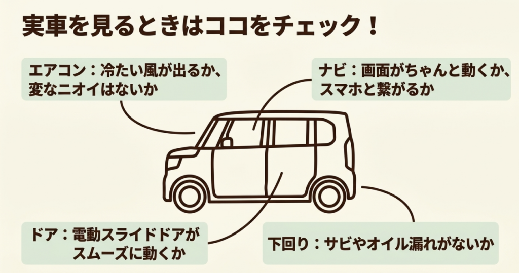 N-BOX JF3中古車で確認するエアコン、ナビ、電動スライドドア、下回りのさびやオイル漏れを示す図