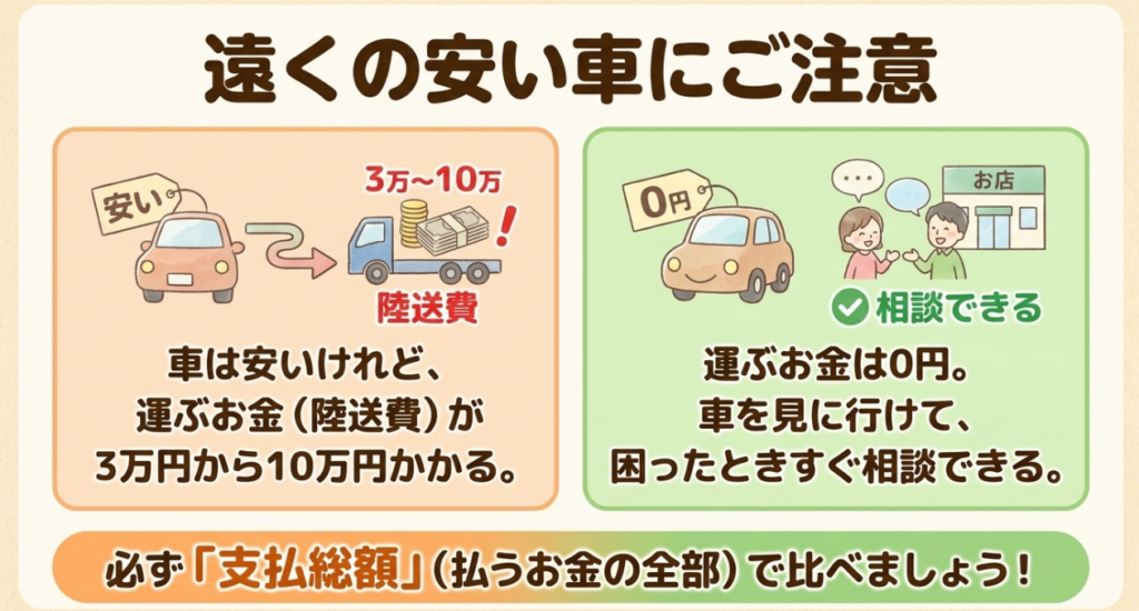 遠方の安いN-BOXは陸送費が3万から10万円かかる場合があり、近隣店の車と支払総額で比べる必要を示す図