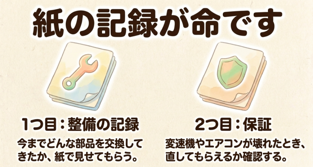 N-BOX中古車では交換部品がわかる整備記録と、CVTやエアコンを修理できる保証の確認が重要だと示す図