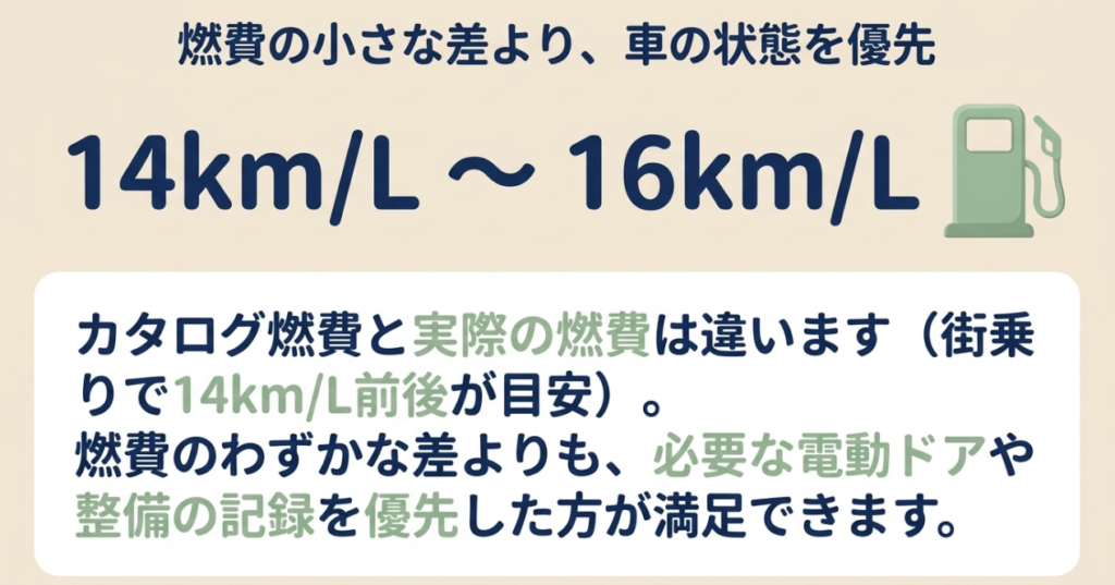 N-BOXの街乗り実燃費は14km/Lから16km/L前後が目安で燃費差より車の状態を優先する考え方を示す図