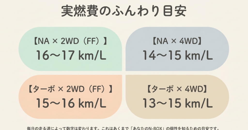 N-BOXの実燃費目安をNA・2WDは16～17km/L、NA・4WDは14～15km/L、ターボ・2WDは15～16km/L、ターボ・4WDは13～15km/Lと比較した図