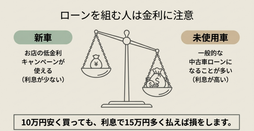 N-BOXは未使用車が10万円安くてもローン利息が15万円多いと損になる例を示した図