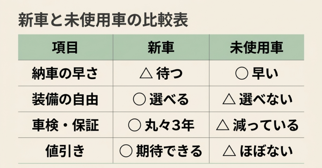 N-BOXの新車と未使用車を納期、装備の自由、車検・保証、値引きの4項目で比較した表