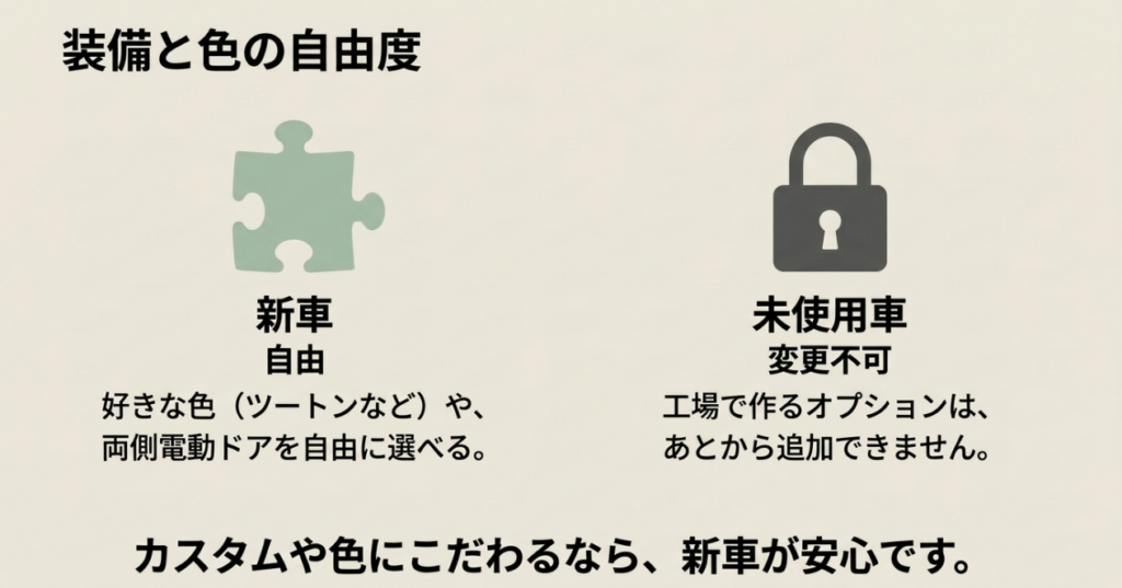 N-BOXは新車なら色やメーカーオプションを選べる一方、未使用車は完成済みの仕様から変更できないことを示した図