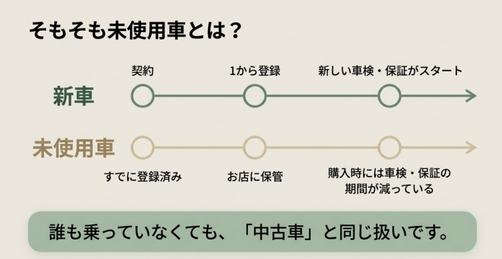 N-BOXの新車と届出済未使用車について登録時期と車検・保証開始時期の違いを示した図