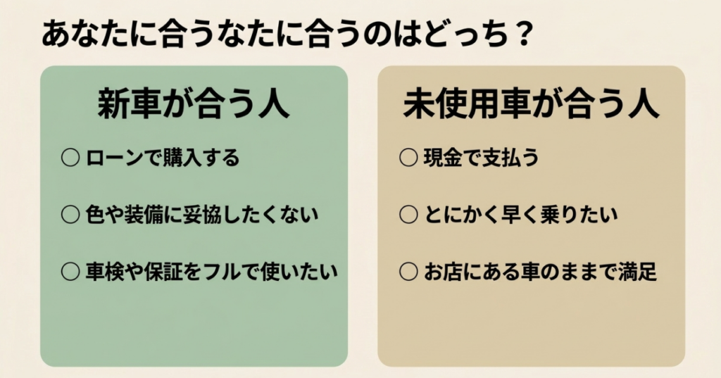 N-BOXの新車が向く人と未使用車が向く人を支払い方法、装備、納期、車検・保証で整理した図