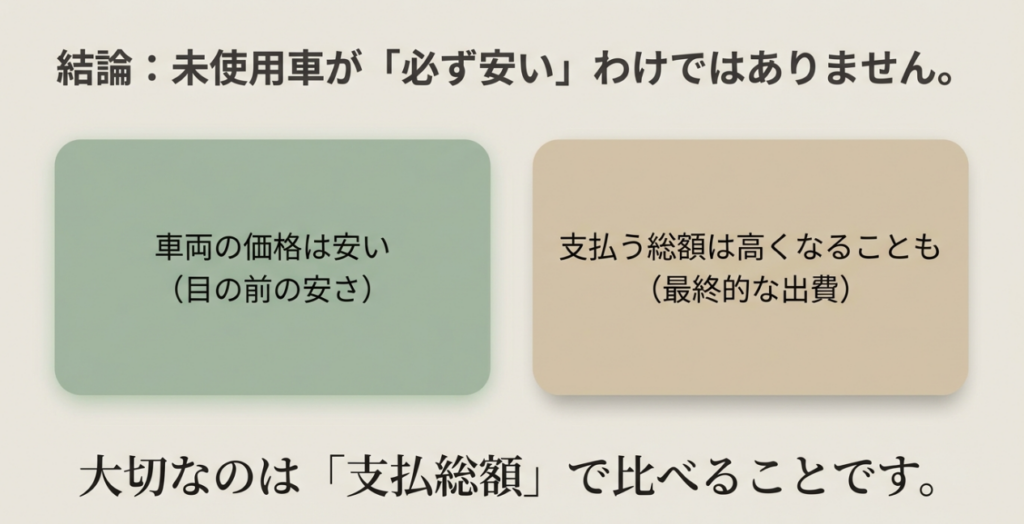 N-BOX未使用車は車両価格が安くても支払総額が高くなる場合があることを示した比較図
