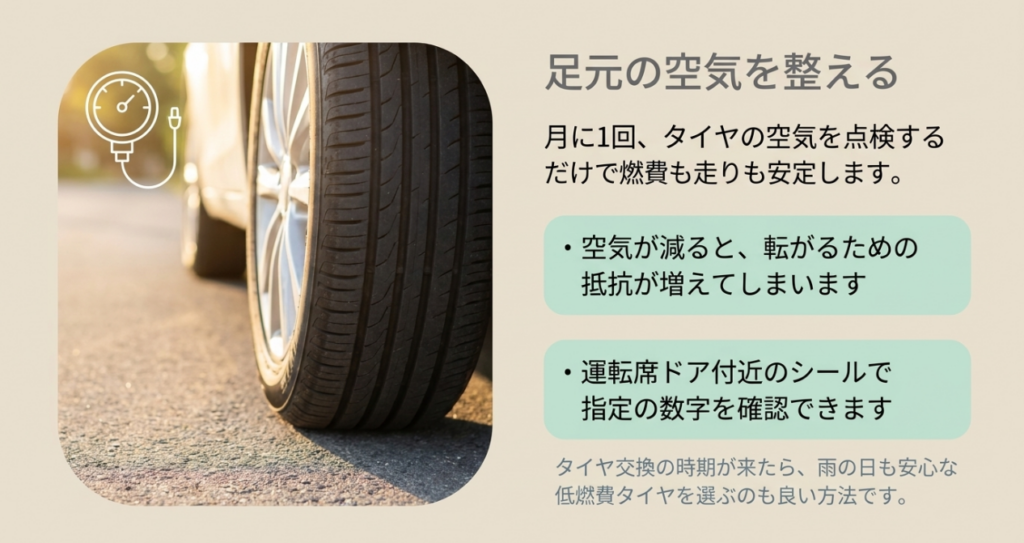 タイヤの空気圧低下による転がり抵抗の増加と、月1回の点検や運転席ドア付近での指定値確認を示す図
