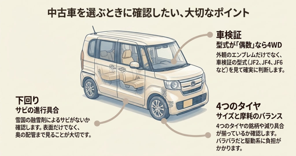 N-BOXの4WD中古車を選ぶ際、車検証の型式JF2・JF4・JF6、下回りのサビ、四輪のタイヤサイズや摩耗状態を確認するポイントを示す図