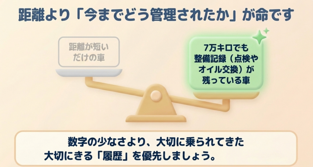走行距離が短いだけの車より、7万kmでも点検やオイル交換の整備記録が残っているN-BOXを優先する考え方