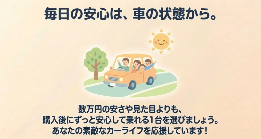 家族が車で出かけるイラストと、数万円の安さや見た目より購入後も安心して乗れる車の状態を重視するメッセージ