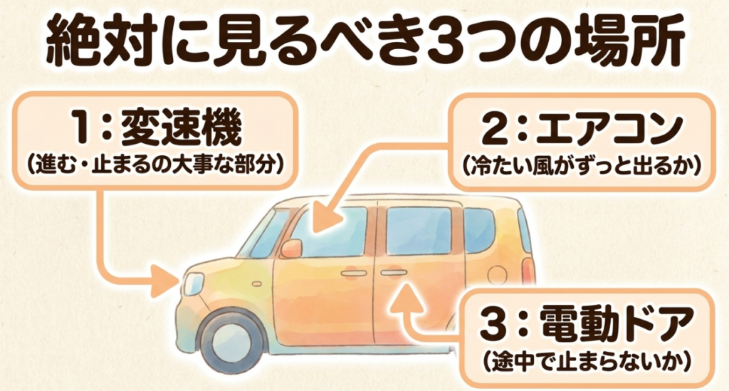 激安N-BOXの購入前に確認すべき3か所として、変速機、エアコン、電動スライドドアを示した図