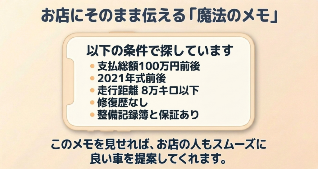 販売店へ伝える条件として、支払総額100万円前後、2021年式前後、8万km以下、修復歴なし、整備記録簿と保証ありをまとめたメモ