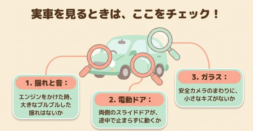 N-BOX中古車の現車確認で、エンジンの揺れと音、電動スライドドア、フロントガラスを点検するチェック項目